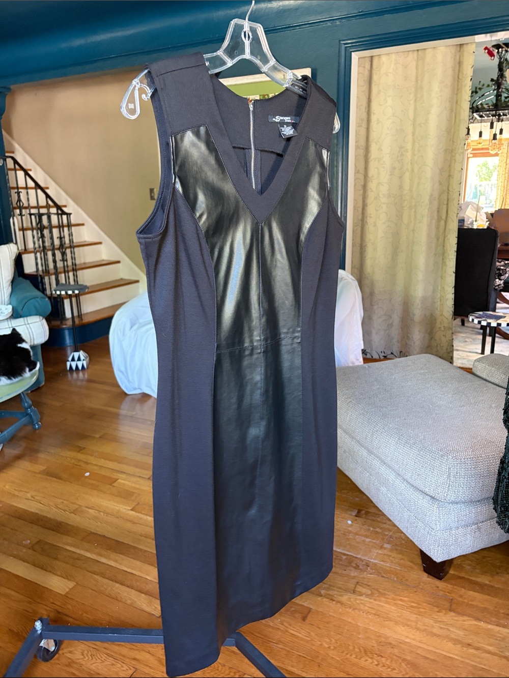 Sharagano Black Faux Leather Paneled Midi Dress